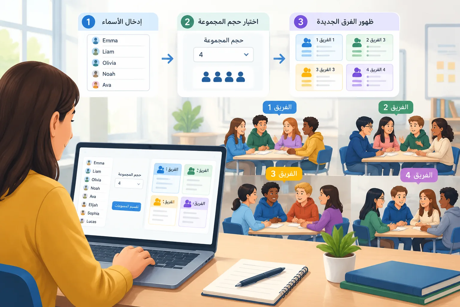 مخطط خطوات يوضح إدخال الأسماء واختيار حجم المجموعة ثم ظهور الفرق الجديدة