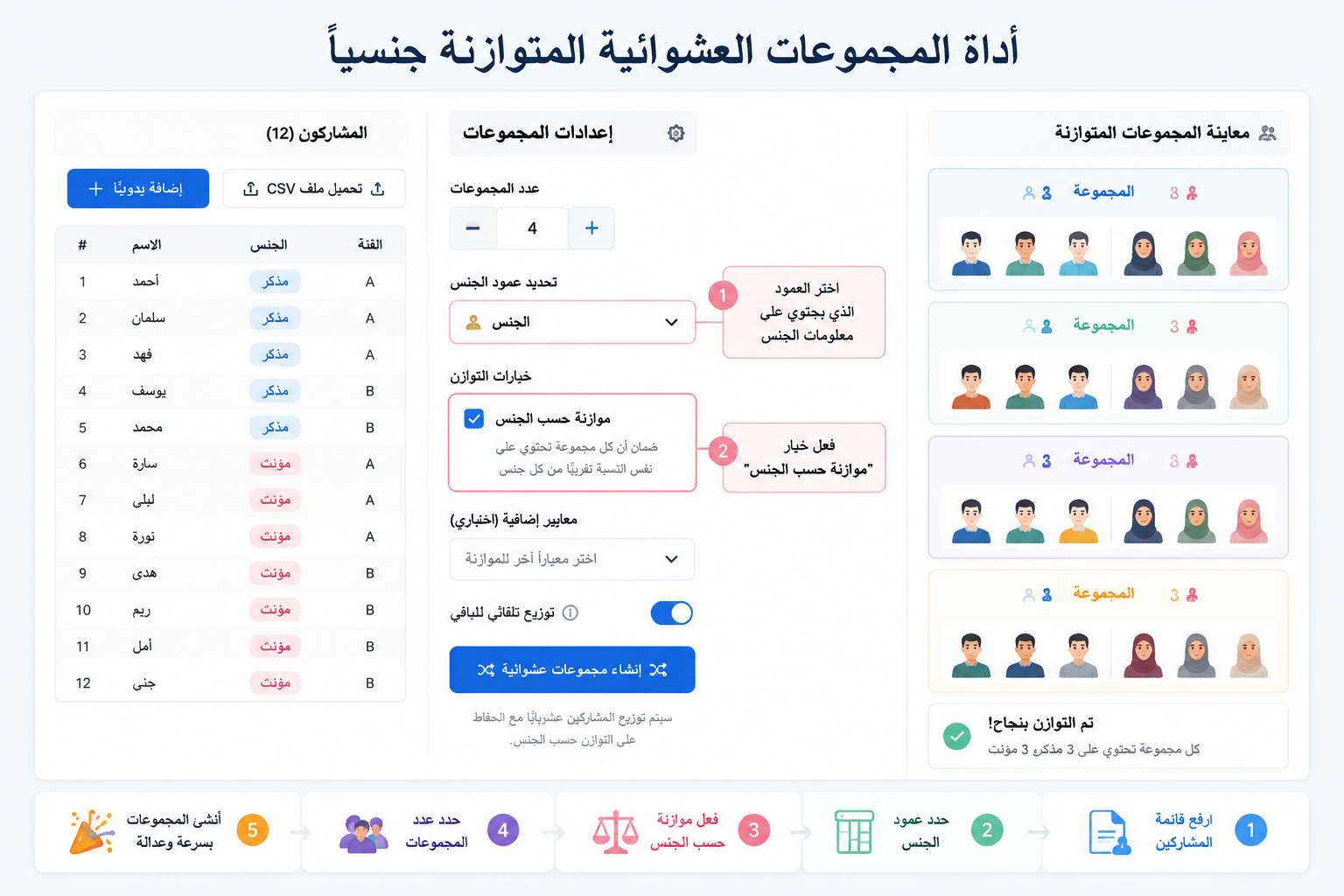 واجهة أداة المجموعات العشوائية تظهر خياراً لتحديد عمود الجنس واختيار 'موازنة حسب الجنس'.