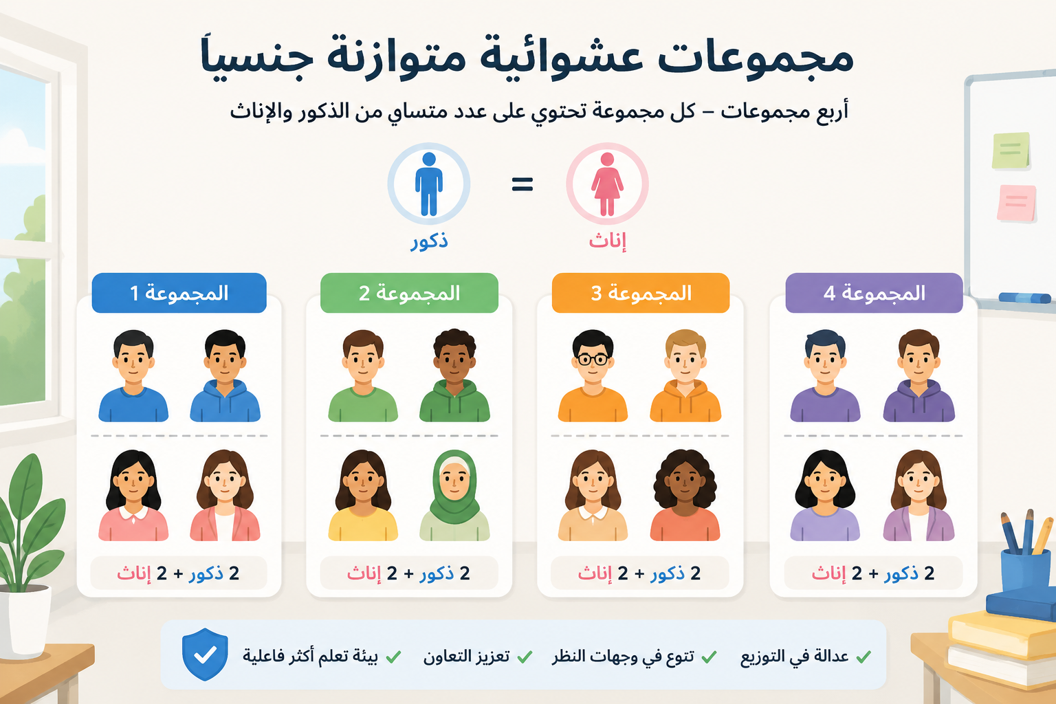 رسم بياني يوضح توزيعاً متوازناً بين الجنسين في أربع مجموعات، كل مجموعة تحتوي على عدد متساوٍ من الرموز الذكرية والأنثوية.