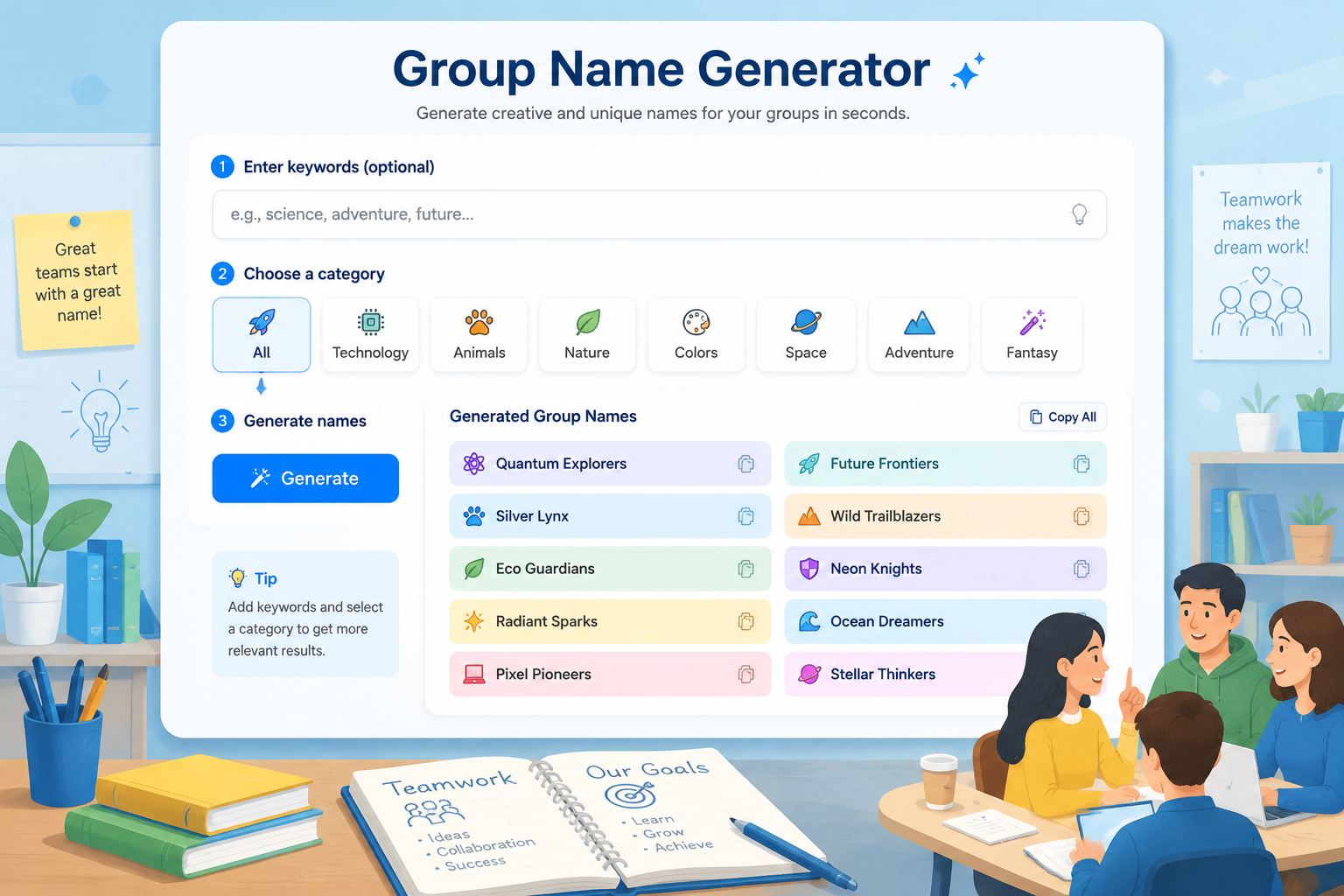 Clean instructional illustration of the Group Name Generator interface, showing an input field, category buttons, and a list of colorful generated group names on a soft blue background.