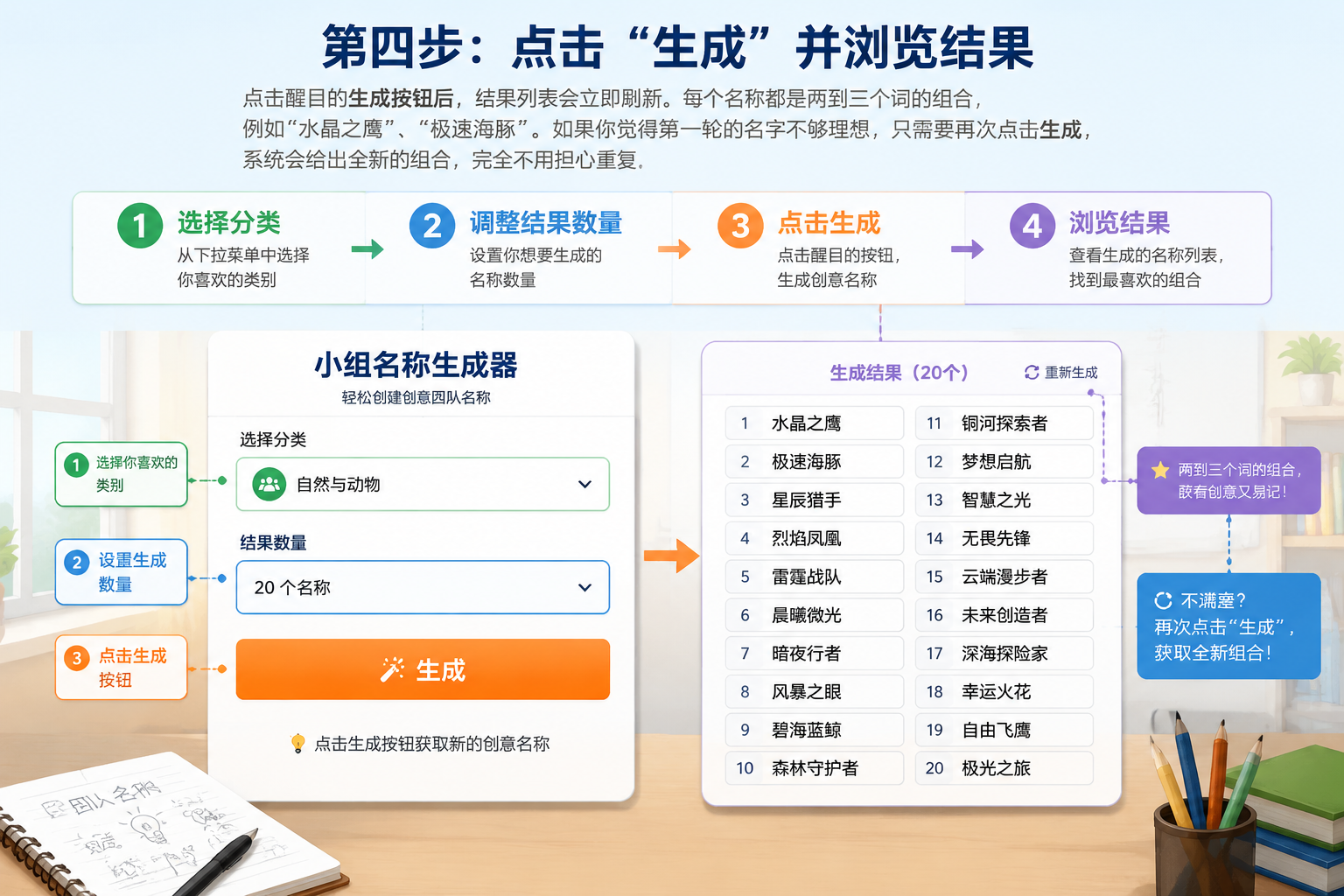 A step-by-step visual showing how to select a category, adjust the number of results, and click generate, with the resulting group name list appearing on the right side of the screen.
