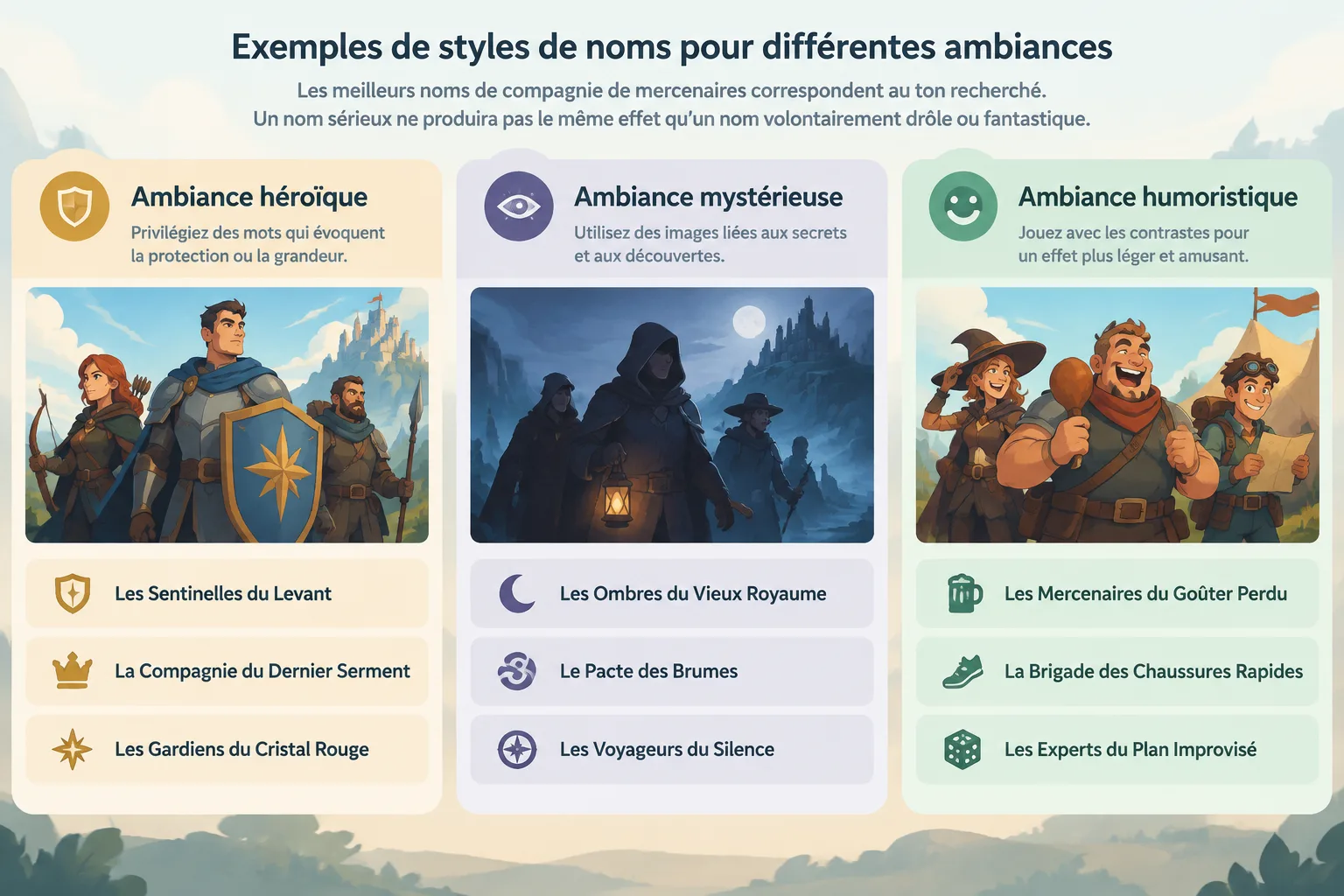 diagramme simple présentant trois catégories de noms de guilde avec exemples héroïques mystérieux et