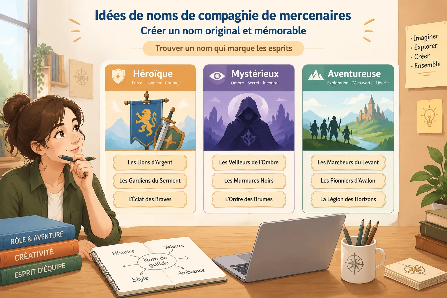illustration pédagogique montrant plusieurs cartes de noms de guildes classées par ambiance comme hé