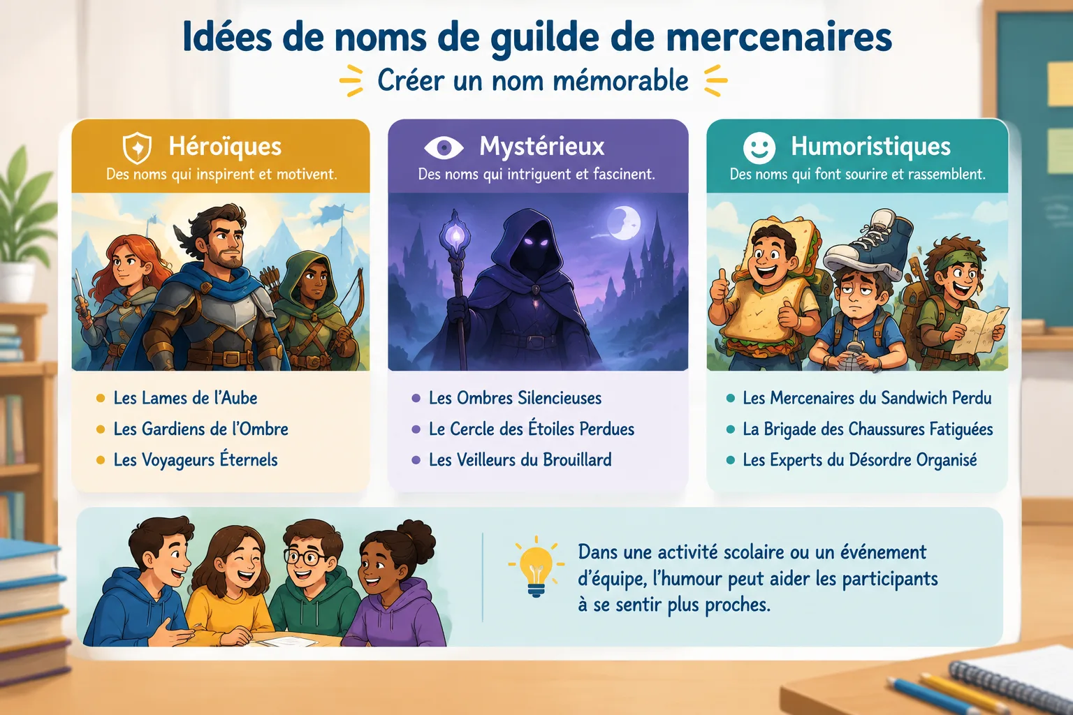diagramme simple présentant trois catégories de noms de guilde avec exemples héroïques mystérieux et