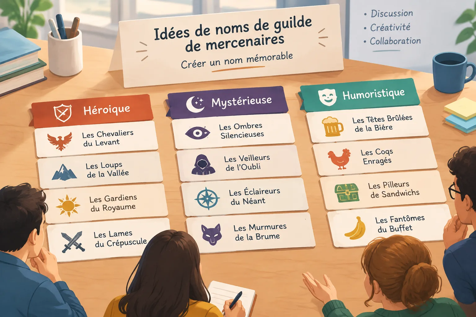 illustration pédagogique montrant plusieurs cartes de noms de guildes classées par ambiance comme hé