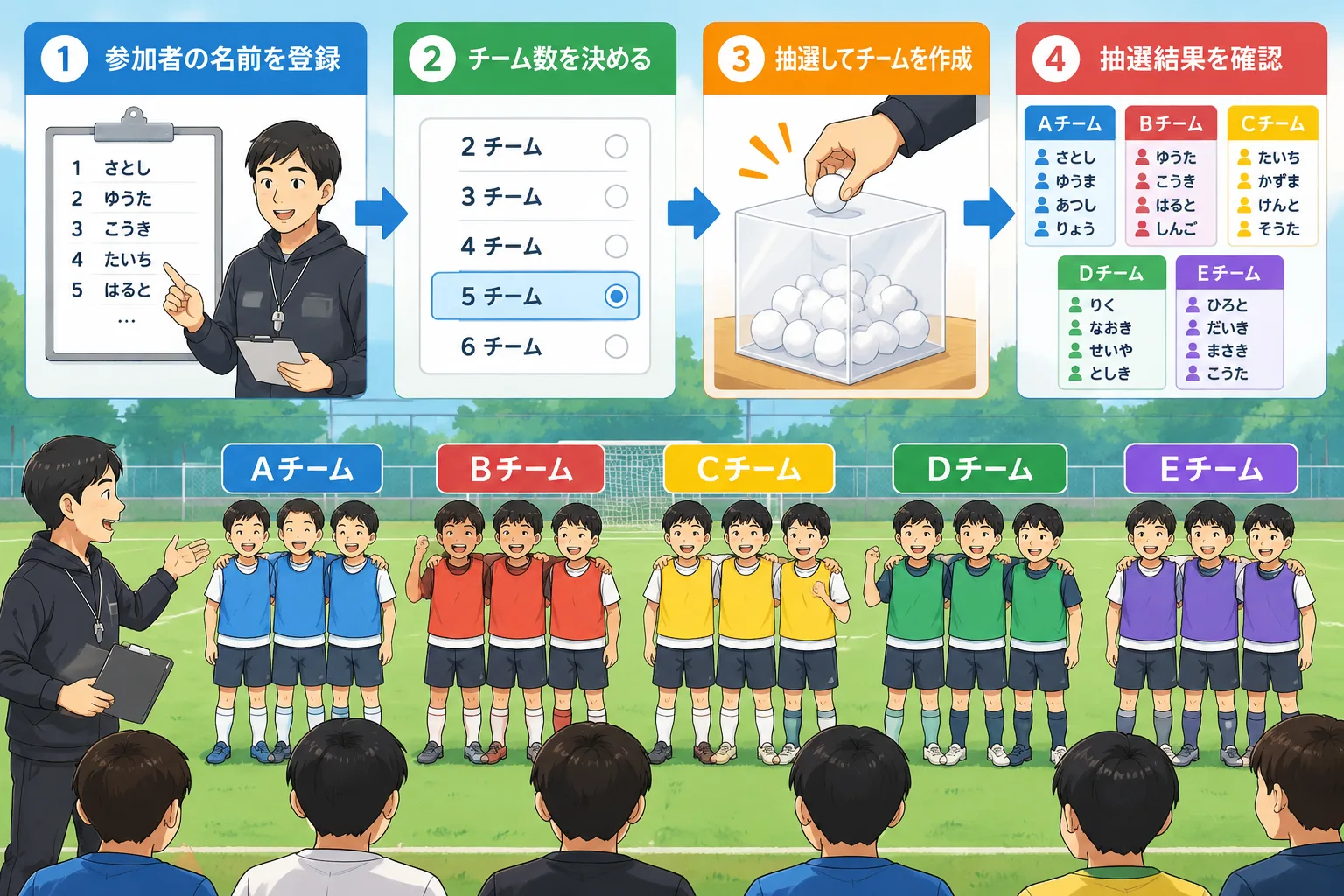 サッカー参加者を公平な複数チームへ分けるシンプルな抽選フロー図
