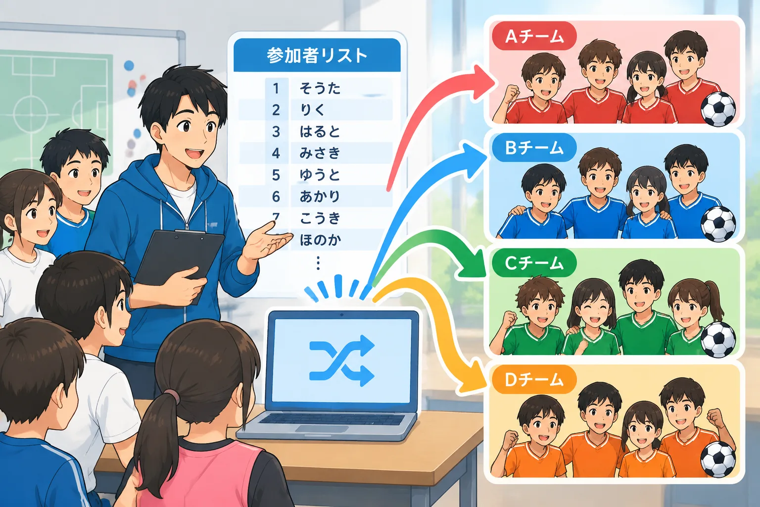 名前リストから複数のサッカーチームへ分配される教育向けイラスト