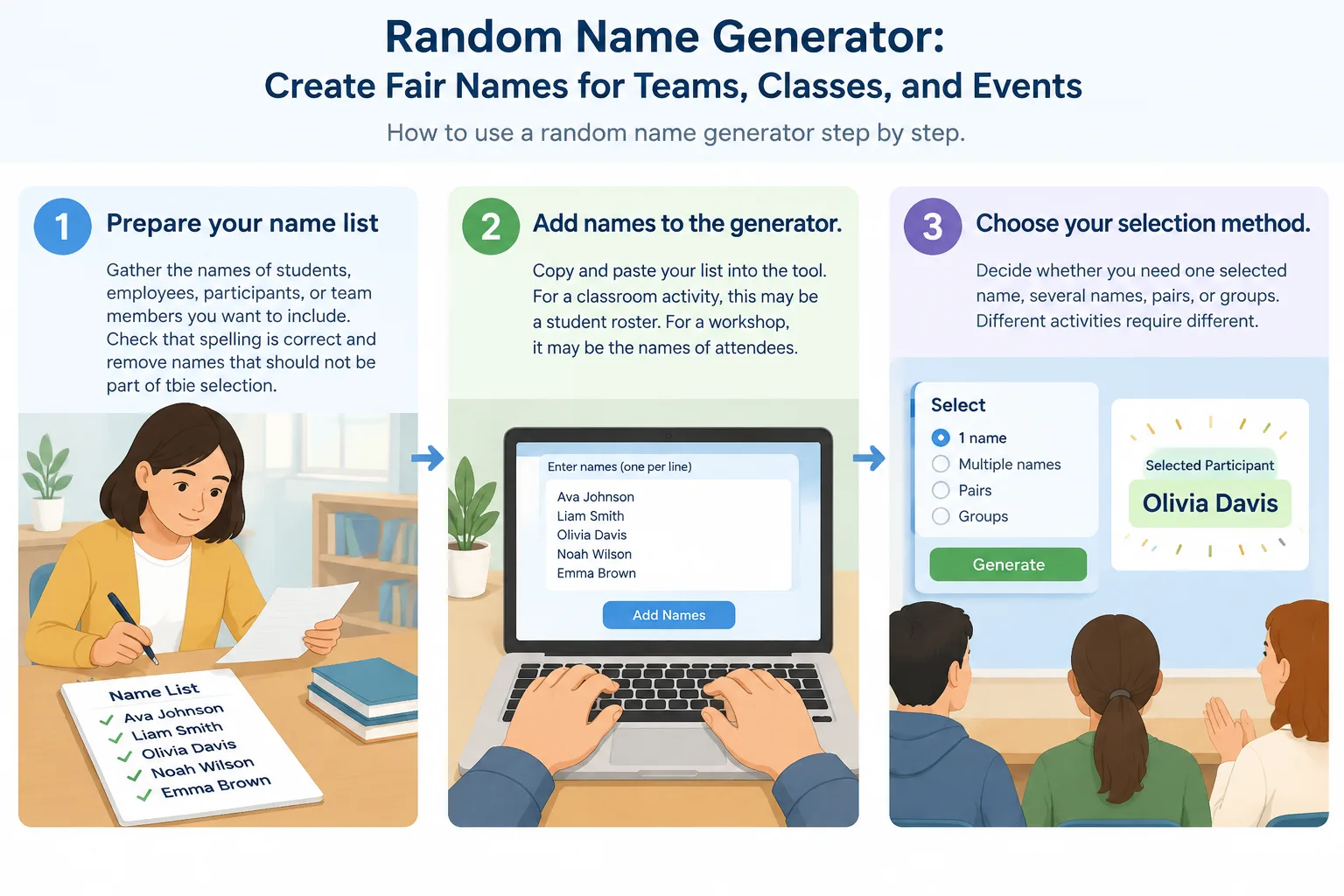 Step-by-step diagram showing name list input, random selection process, and final participant result