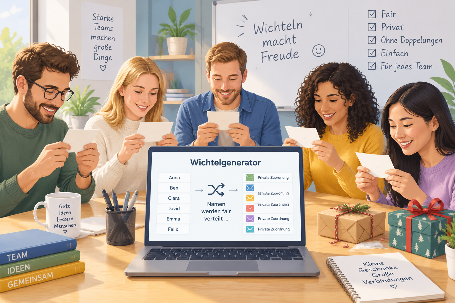 Eine einfache Illustration einer privaten Namensauslosung mit Teilnehmerkarten und geheimen Zuordnun