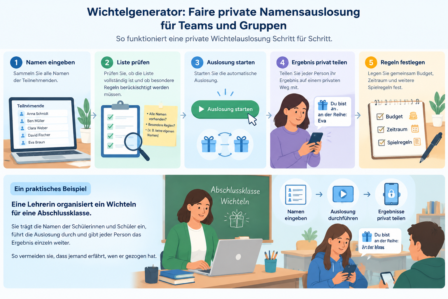 Ein neutrales Schritt-für-Schritt-Diagramm mit Namen eingeben