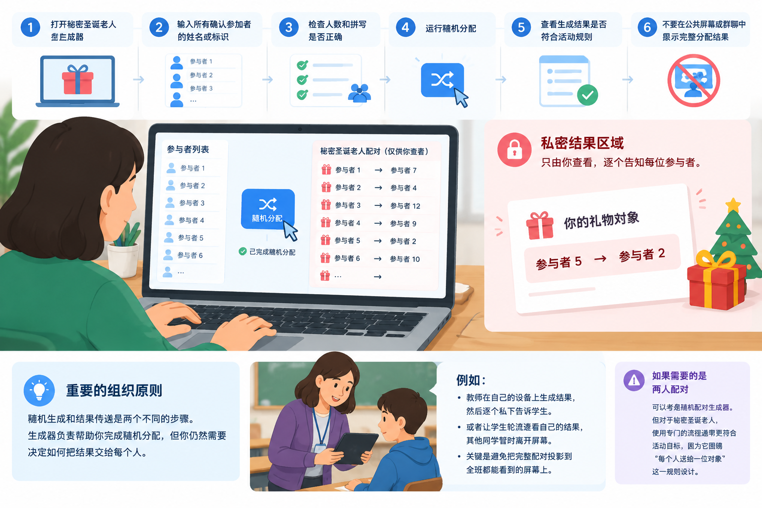 工具无品牌的操作示意图,展示参与者姓名列表经过随机化后形成秘密圣诞老人配对,重点突出私密结果区域,不使用真实姓名