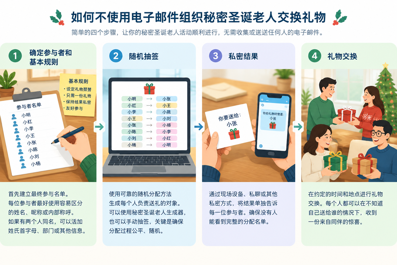 一张简洁的秘密圣诞老人随机分配流程图,展示参与者名单、随机抽签、私密结果和礼物交换四个步骤,不含品牌标志或真实个人信息