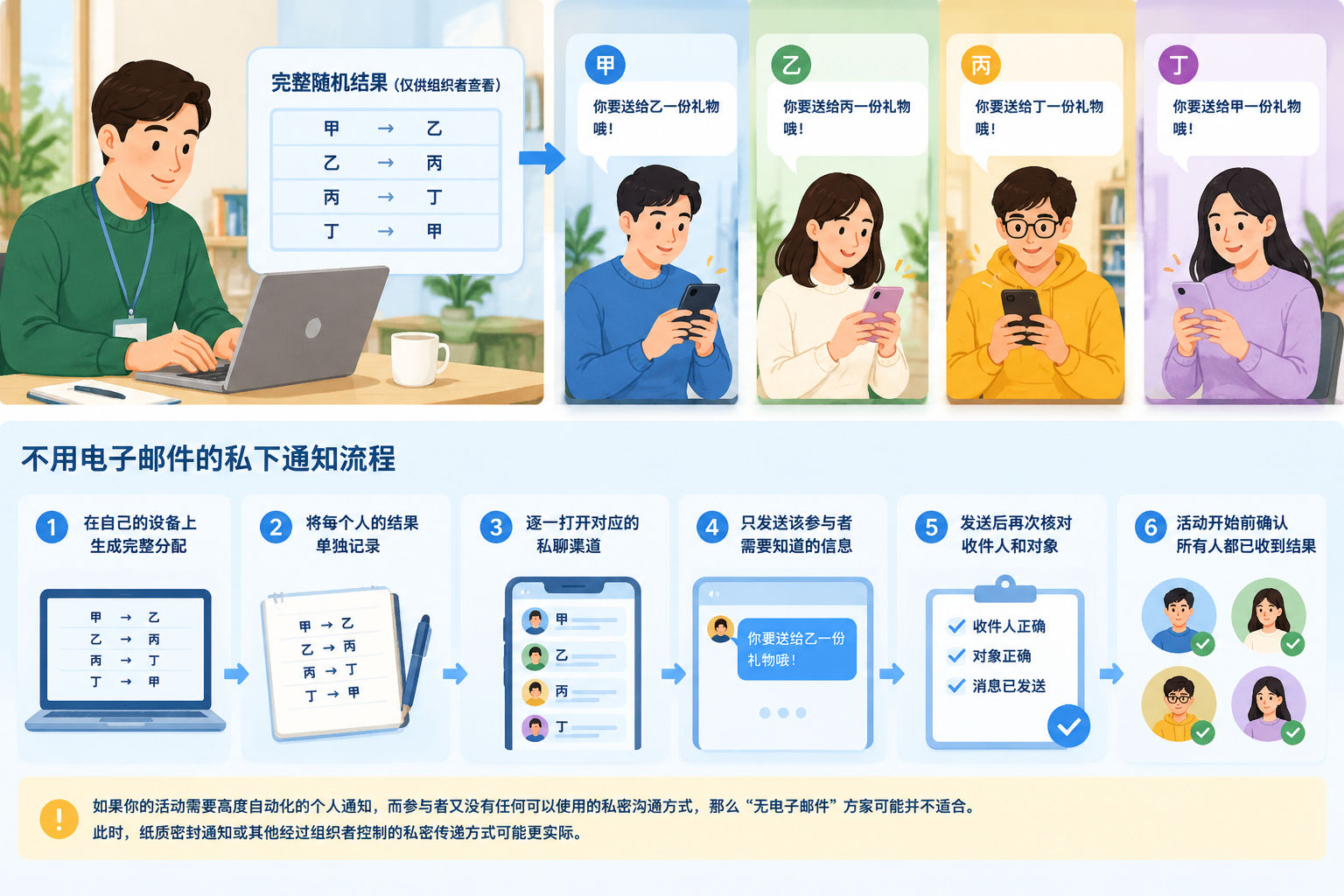 无电子邮件的秘密圣诞老人通知流程示意图,组织者从完整随机结果分别向四名参与者发送独立私密通知,使用通用聊天气泡,不含平台标志