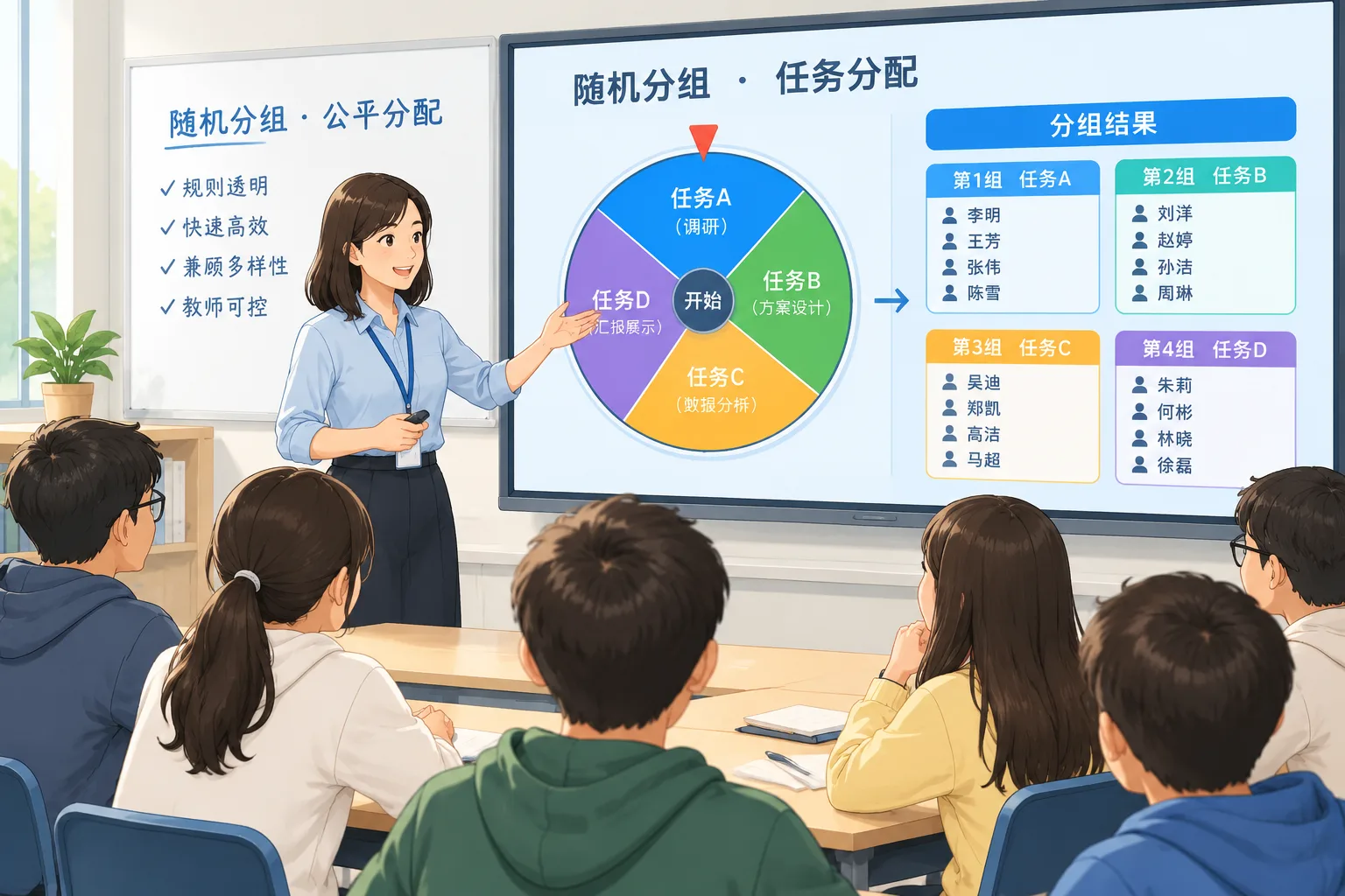 Clean instructional illustration of a teacher using a random spinner to assign group tasks on a scre