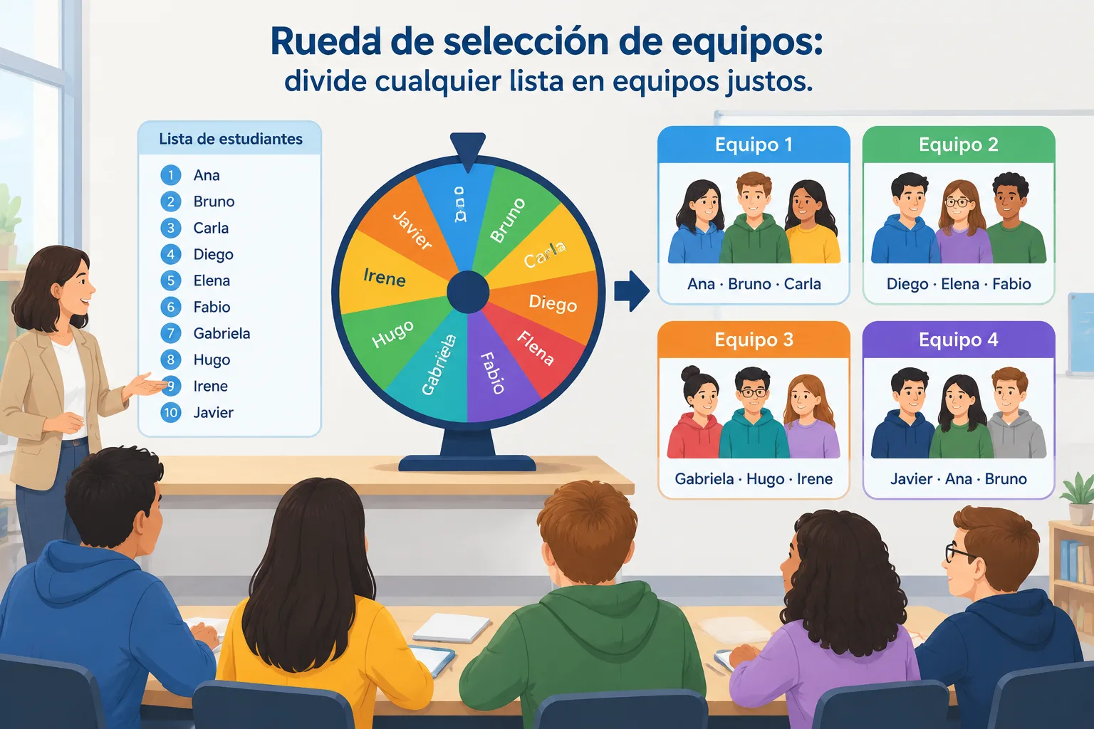 Diagrama limpio que muestra una lista de estudiantes transformándose en varios equipos pequeños para