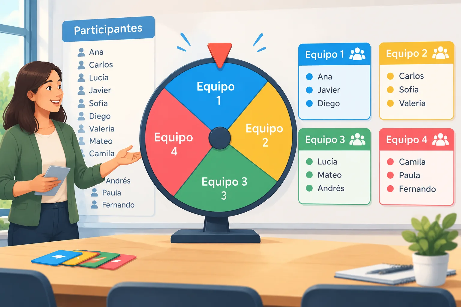 Ilustración educativa de una rueda digital que divide una lista de participantes en varios equipos e