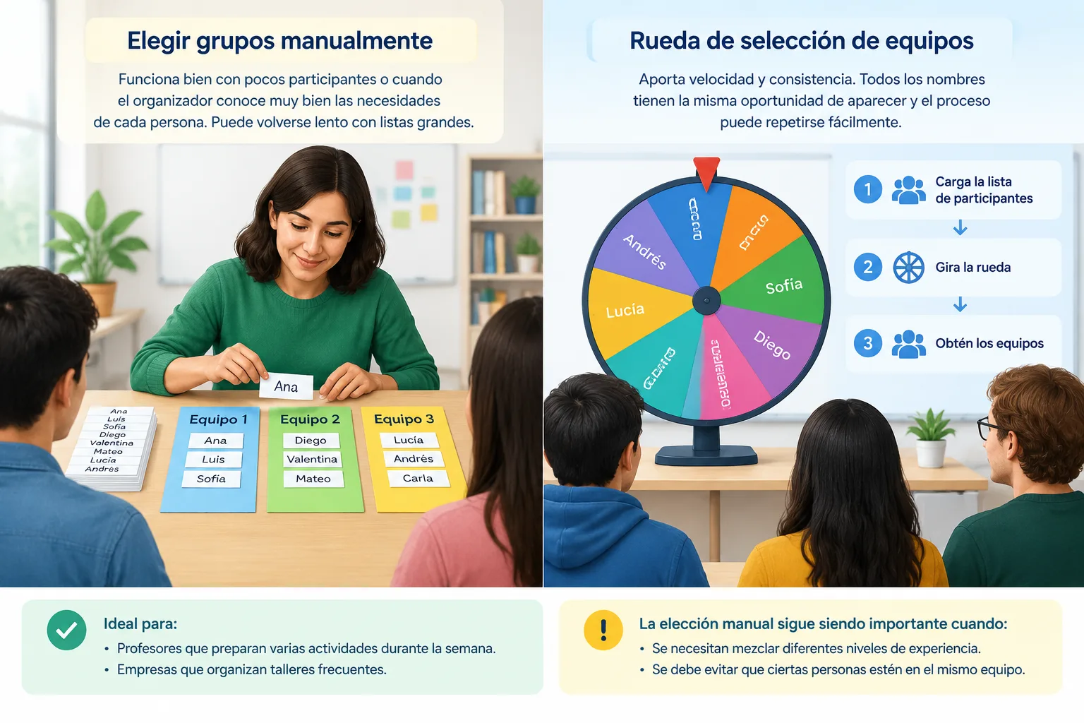 Comparación visual entre selección manual de equipos y una rueda aleatoria con un flujo simple de de
