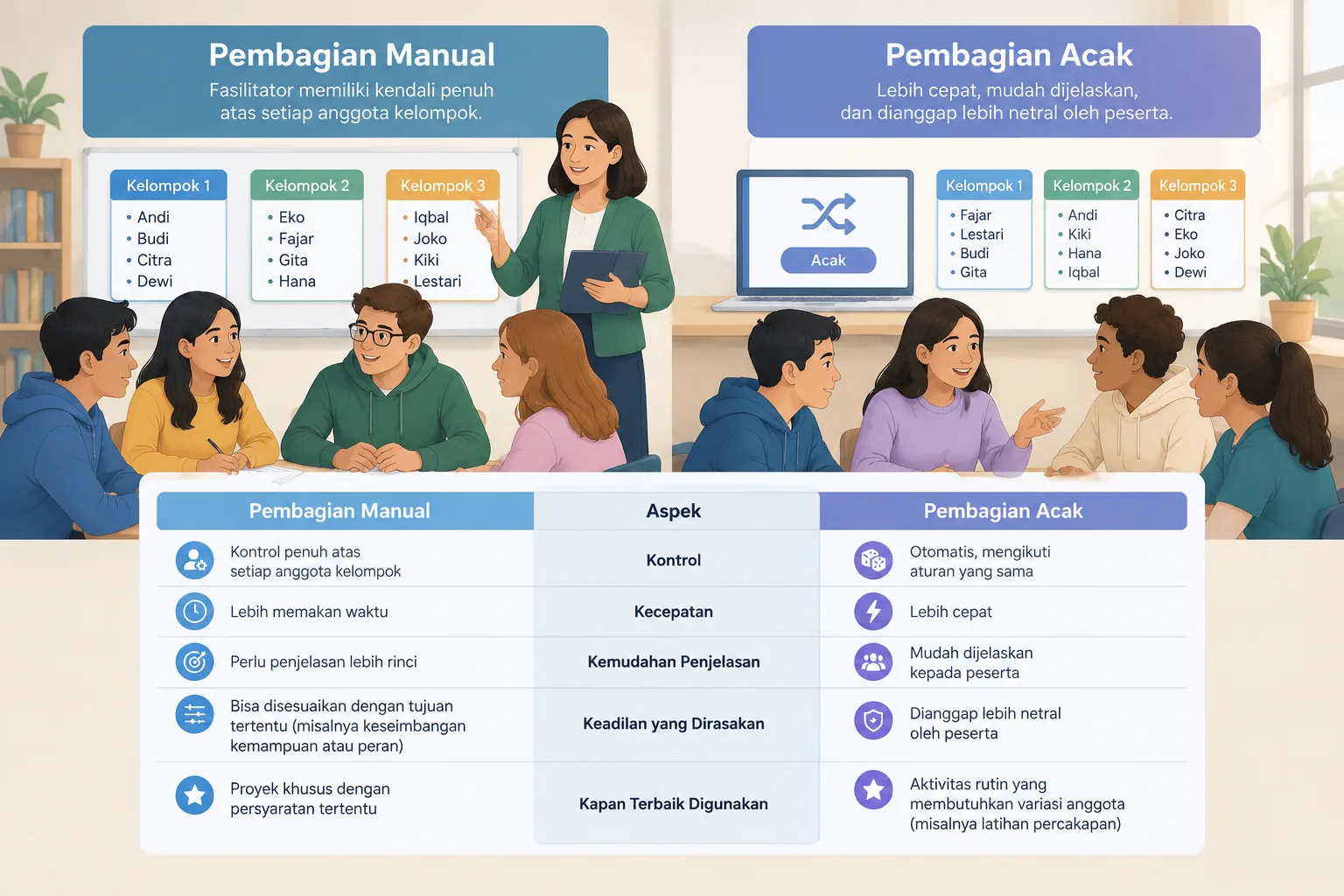 Perbandingan visual metode manual dan metode acak dengan tabel sederhana untuk guru dan fasilitator