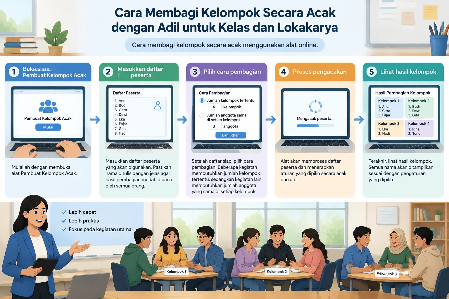 Infografik langkah penggunaan alat pembagian kelompok mulai dari memasukkan nama hingga melihat hasi