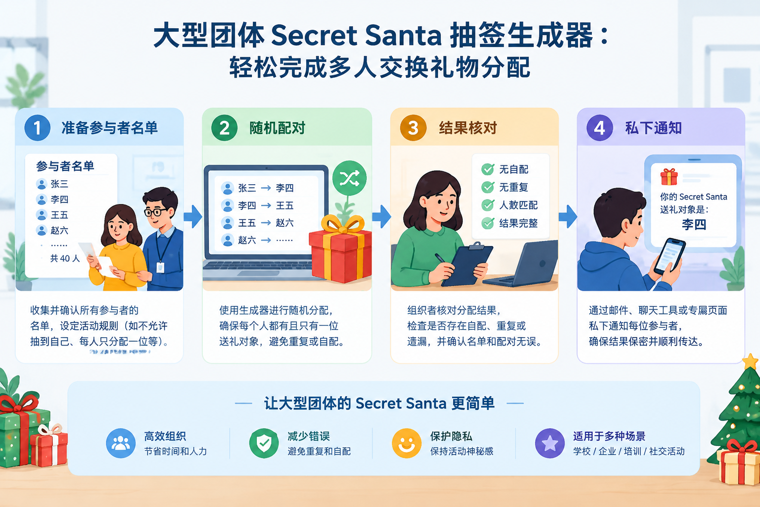 一张简洁的 Secret Santa 大型团体抽签流程图,从参与者名单到随机配对、结果核对和私下通知,使用清晰的卡片和箭头表示步骤