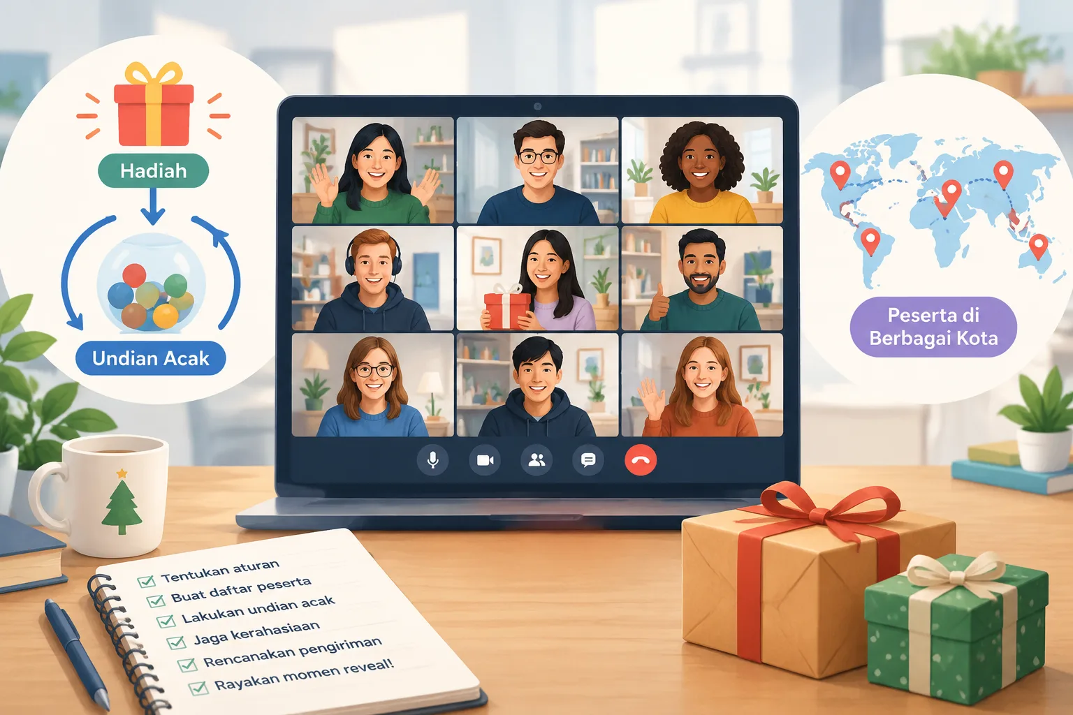 Ilustrasi instruksional tim virtual di layar video call dengan ikon hadiah