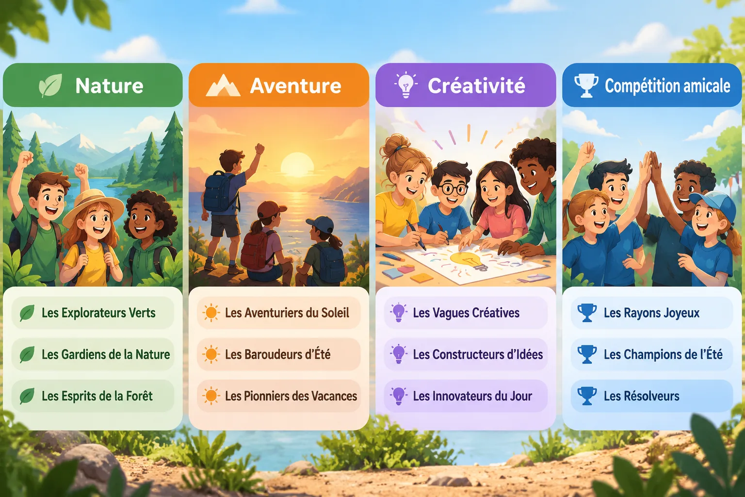 Infographie simple présentant plusieurs catégories de noms d'équipe avec nature