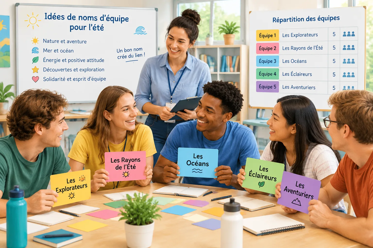 Illustration pédagogique montrant plusieurs équipes d'un atelier d'été avec des cartes de noms color