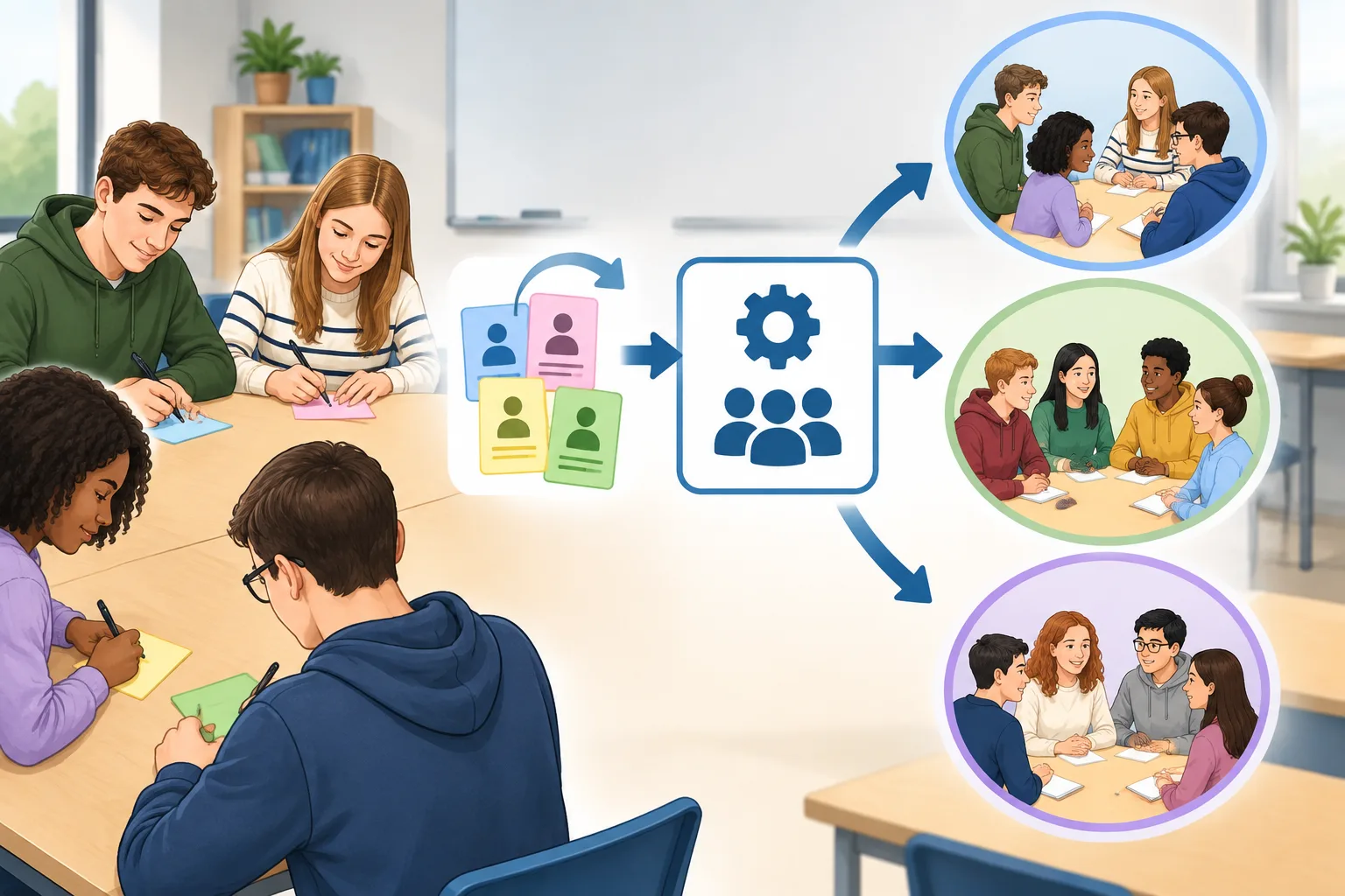 Clean instructional diagram of learners writing two name wishes on cards