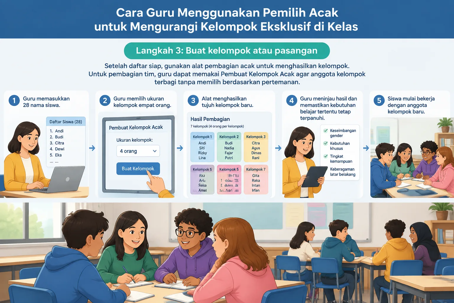 panduan visual tiga langkah memasukkan nama memilih acak dan melihat kelompok hasil
