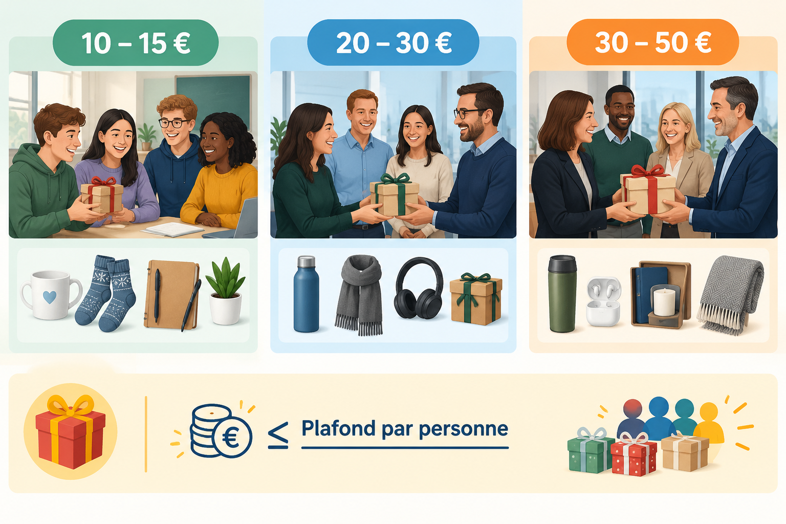 Infographie simple comparant trois niveaux de budget Secret Santa avec des exemples de cadeaux génér