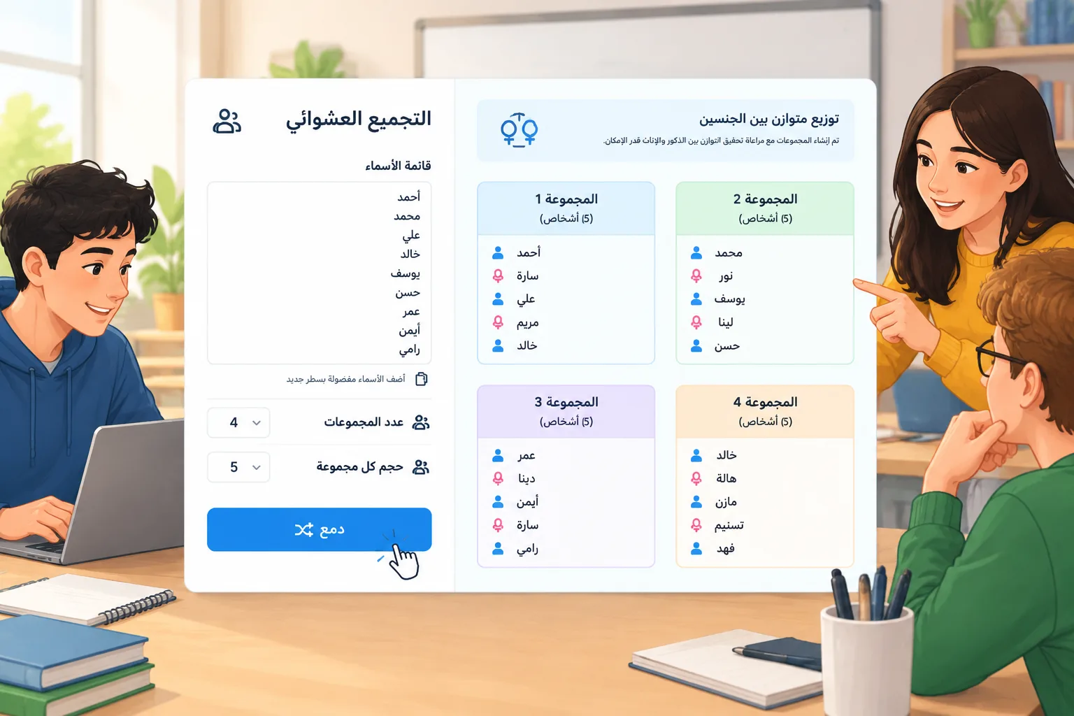 لقطة توضيحية لواجهة أداة التجميع العشوائي مع إدخال قائمة أسماء الذكور وإنشاء مجموعات فرعية، مع إبراز