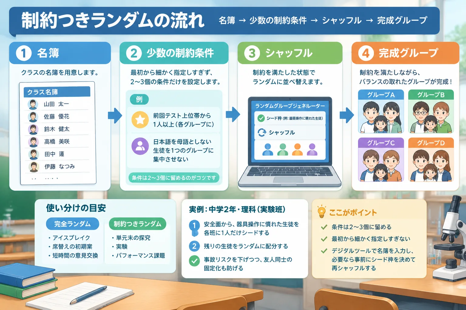 制約つきランダムの流れを示す図。名簿、少数の制約条件、シャッフル、完成グループの4ステップ