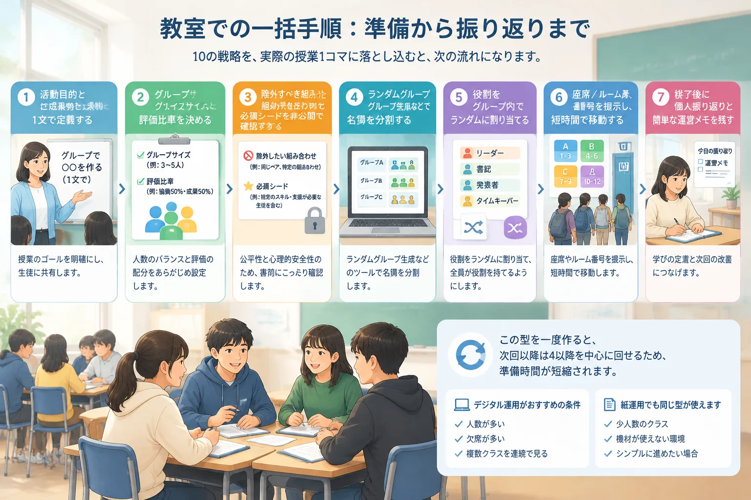 教室でのグループ分け一括手順。目的設定から振り返りまで7ステップの横流れインフォグラフィック